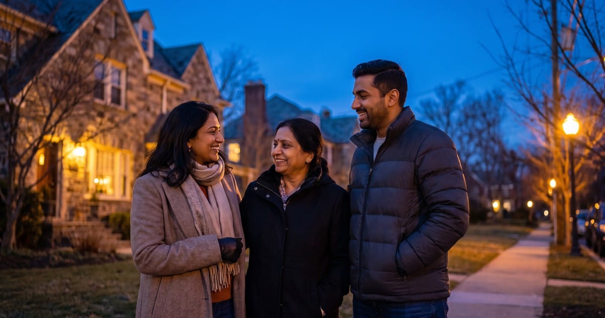 A family chats warmly on an evening sidewalk lined with historic homes, discussing who may be a candidate for IV ketamine therapy in Bala Cynwyd, PA.
