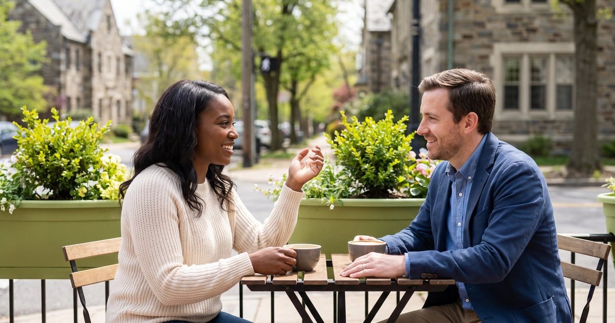 A couple chats over coffee at a sidewalk cafe table, comparing IV ketamine therapy and ketamine-assisted psychotherapy in Bala Cynwyd, PA.