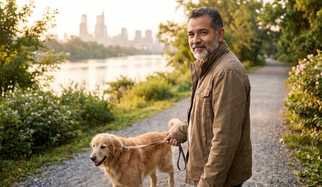 A man walks his golden retriever along a riverside path at sunrise, staying active despite neuropathic pain symptoms in Bala Cynwyd, PA.