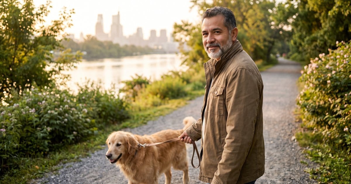 A man walks his golden retriever along a riverside path at sunrise, staying active despite neuropathic pain symptoms in Bala Cynwyd, PA.