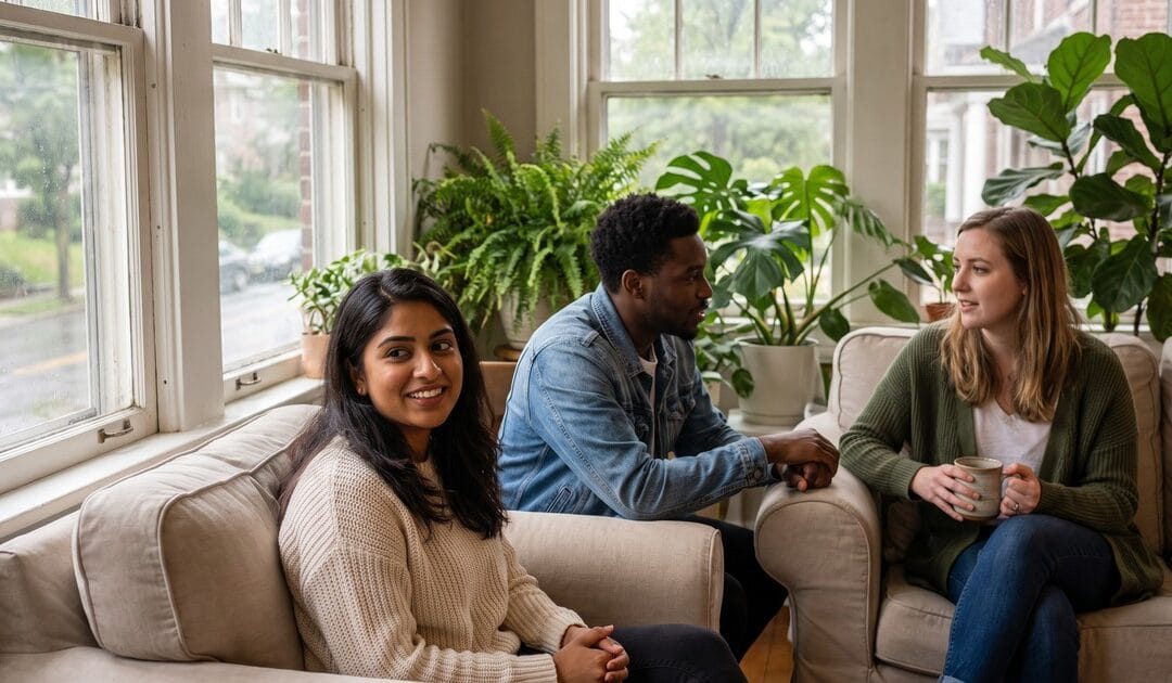 Friends gather in a plant-filled sunroom on a rainy afternoon, finding connection while managing PTSD in Bala Cynwyd, PA.