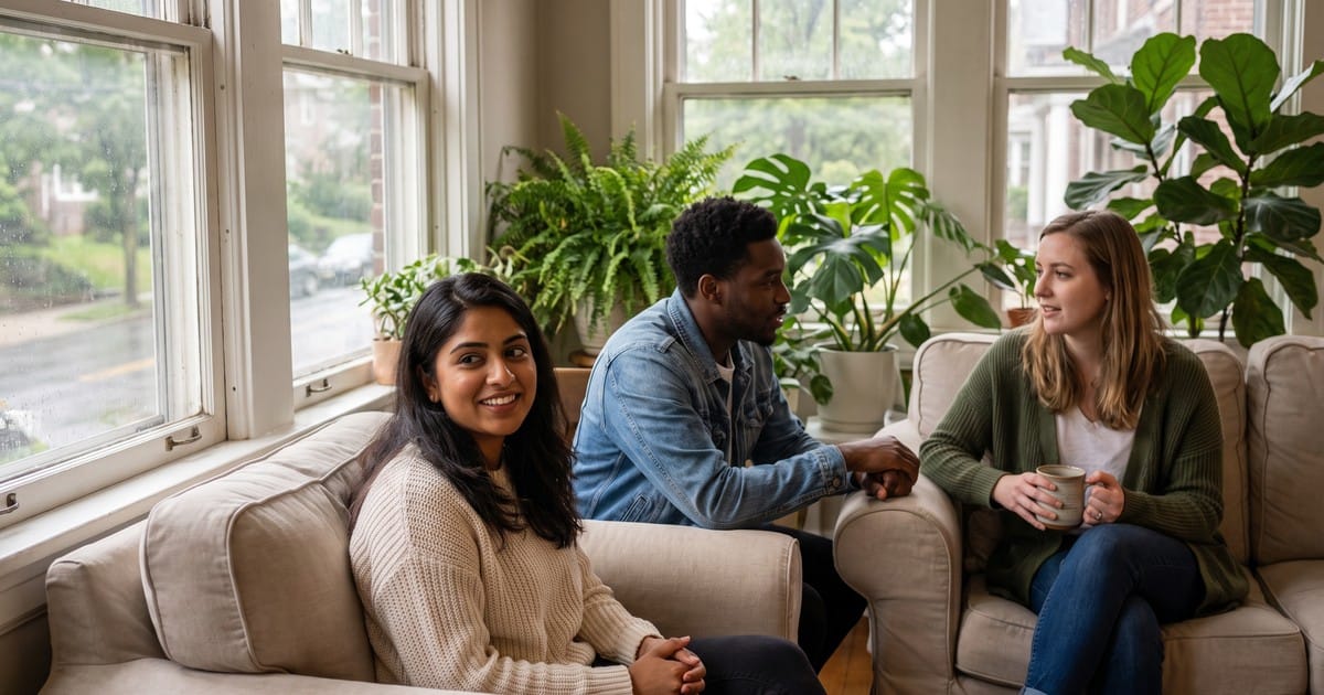 Friends gather in a plant-filled sunroom on a rainy afternoon, finding connection while managing PTSD in Bala Cynwyd, PA.